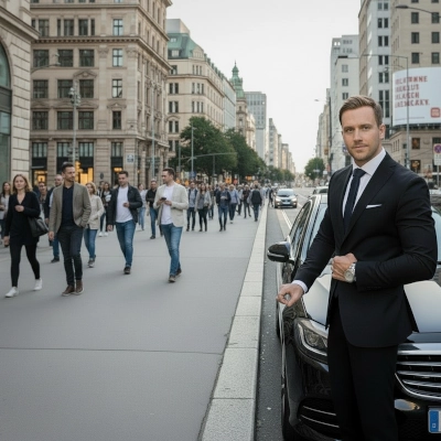 Chauffeur im Anzug steht neben schwarzer Limousine auf belebter Straße in Frankfurt